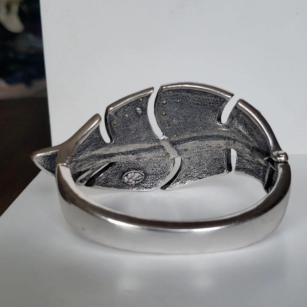 Silver Tone Jewel Encrusted Leaf Hinged  Bracelet